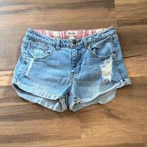 Womens Mudd Light Blue Distressed Rolled-Hem Denim Shorts Size 5